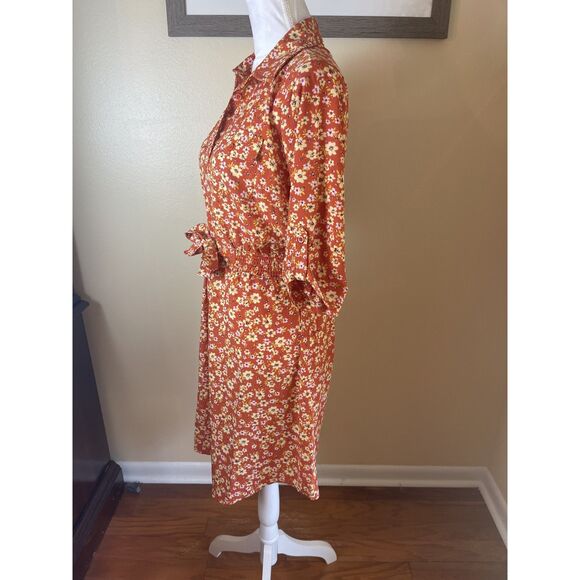 NWT Millenium Womens Mini Floral Midi Shirt Dress M Brown Retro 70s Work Casual - Picture 15 of 16